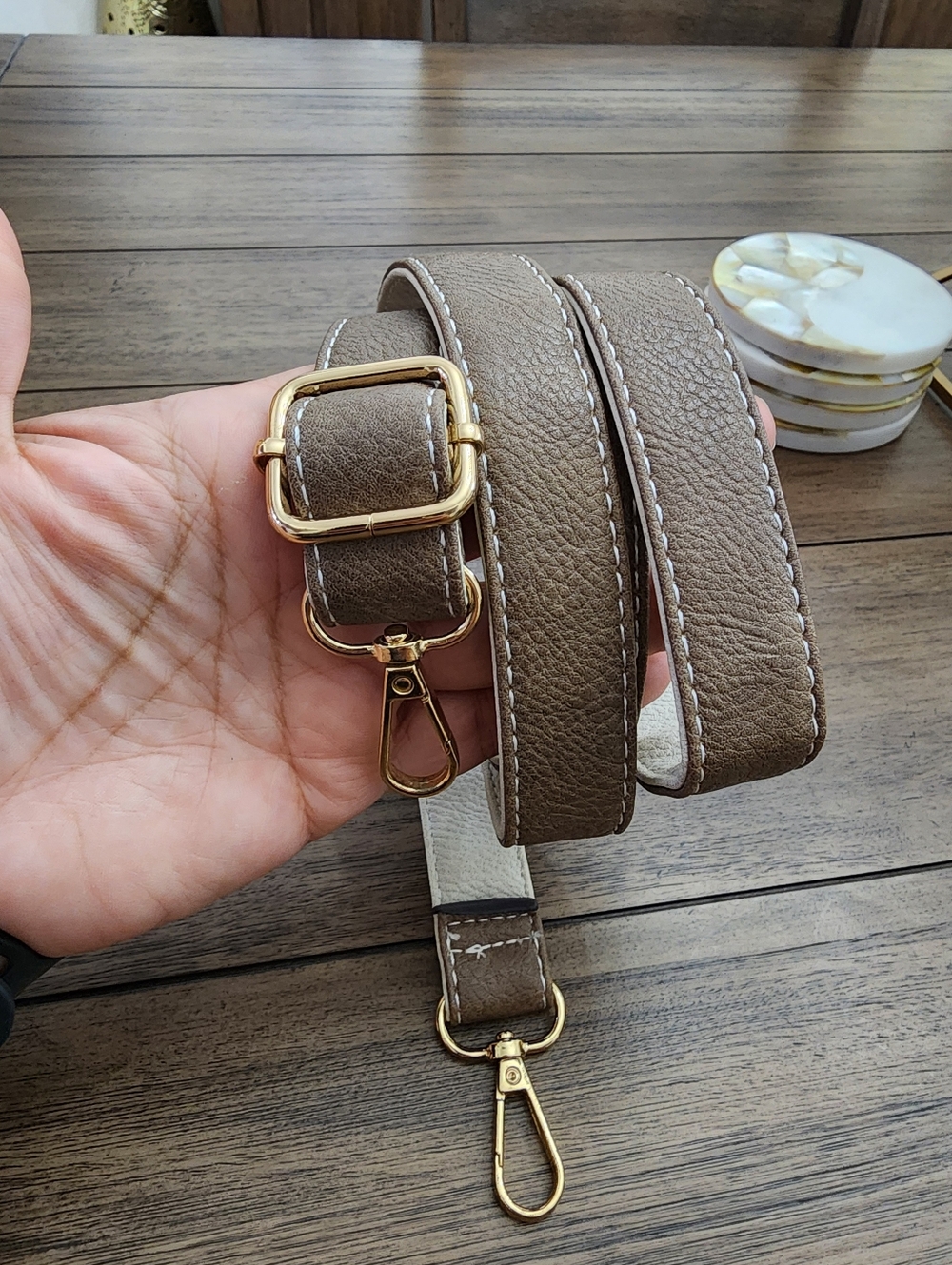 Adjustable Taupe Faux Leather Bag Strap with Gold Hardware 44" Long